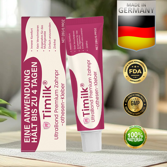 Timilk® UltraBond Premium Zahnprothesen-Kleber 🔥FDA-zertifiziert (Klinisch erwiesener 4-Tage-Halt für sicheren, komfortablen und zinkfreien Sitz der Prothese 🦷)